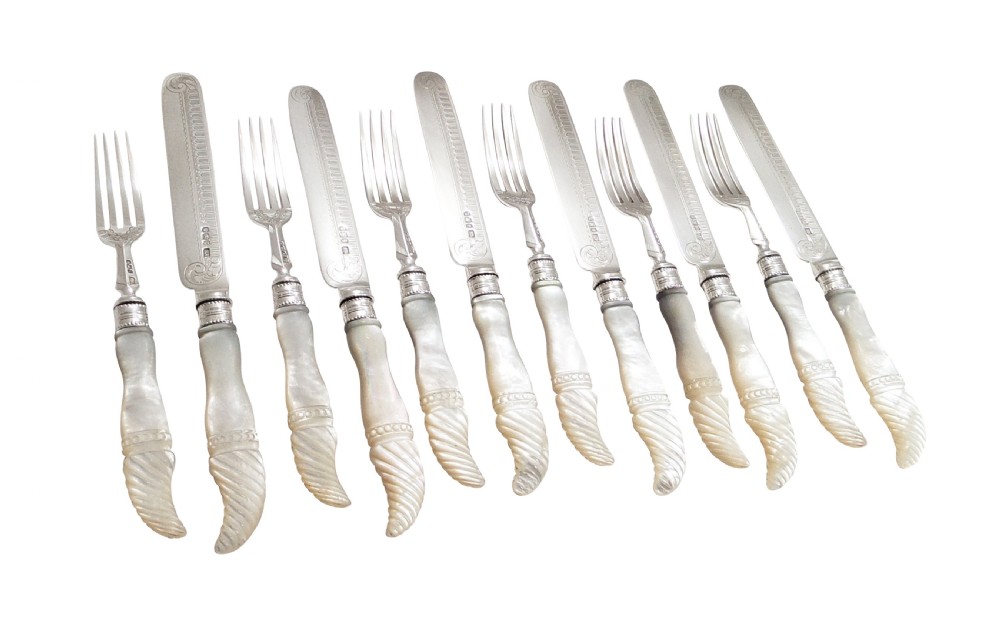 Set of Antique Victorian Sterling Silver & Mother of Pearl Dessert Cutlery 1897 View II