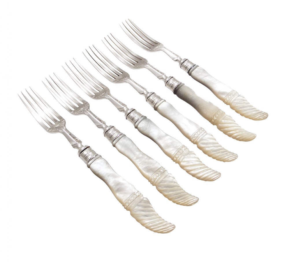 Set of Antique Victorian Sterling Silver & Mother of Pearl Dessert Cutlery 1897 View III