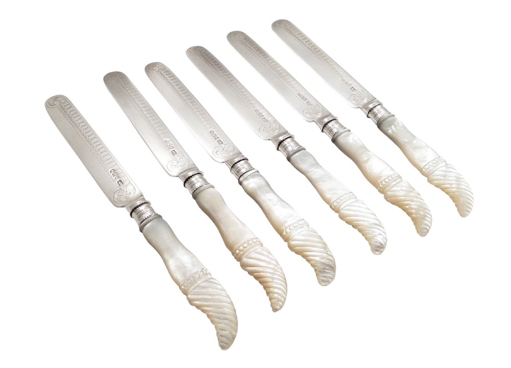 Set of Antique Victorian Sterling Silver & Mother of Pearl Dessert Cutlery 1897 View VI