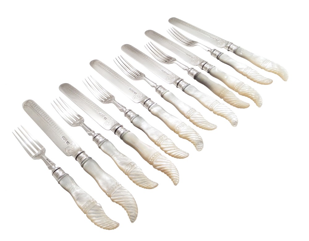 Set of Antique Victorian Sterling Silver & Mother of Pearl Dessert Cutlery 1897 View VII