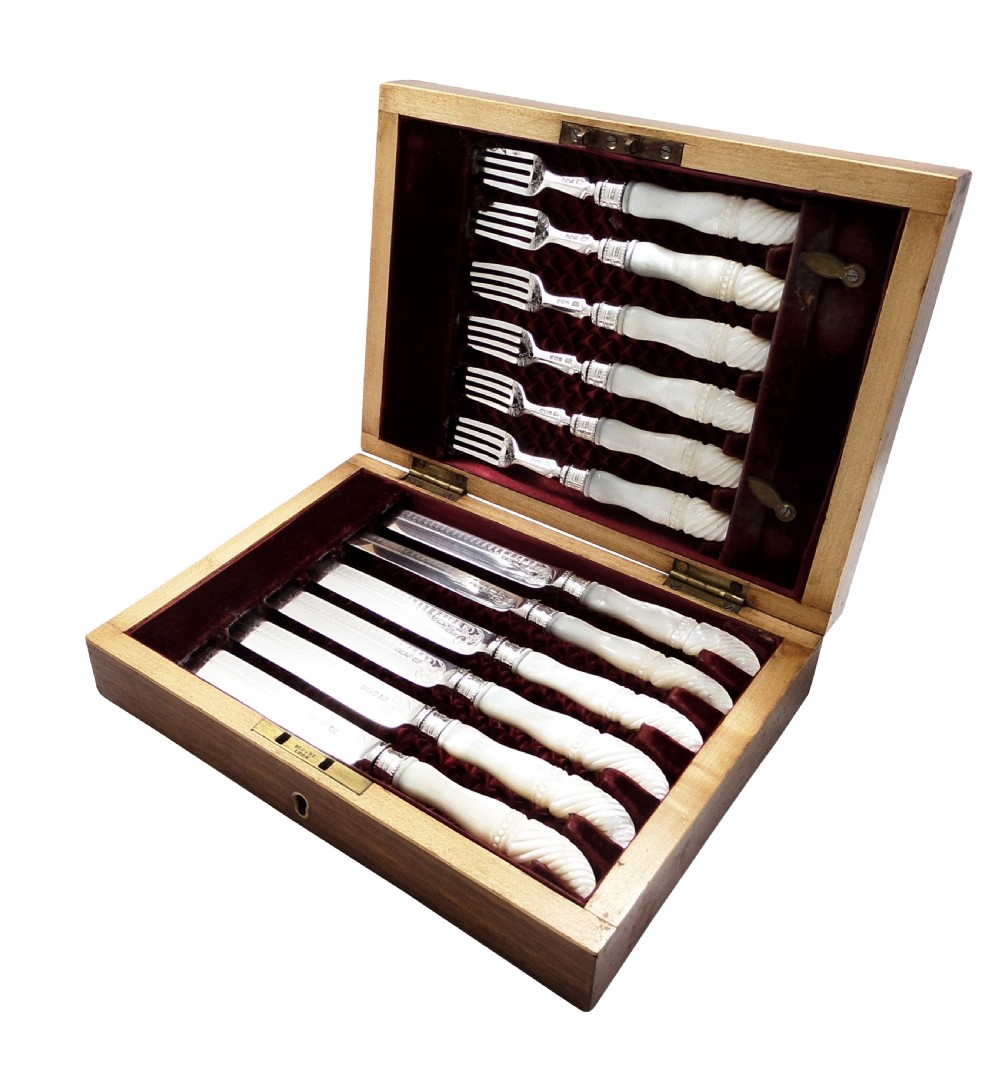 Set of Antique Victorian Sterling Silver & Mother of Pearl Dessert Cutlery 1897 View X