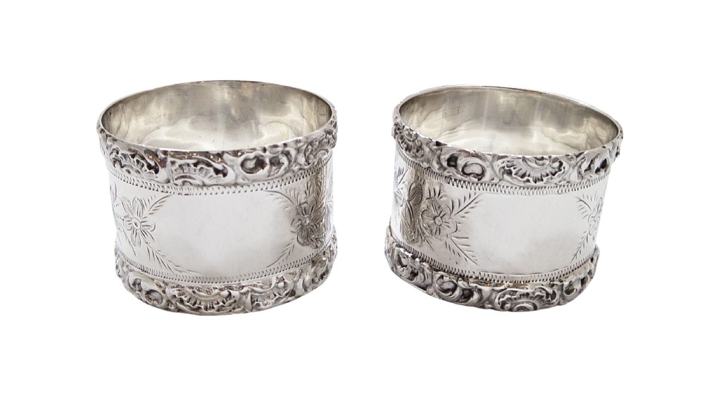 Pair of Antique Edwardian Sterling Silver Napkin Rings in Case 1903/4 View VI
