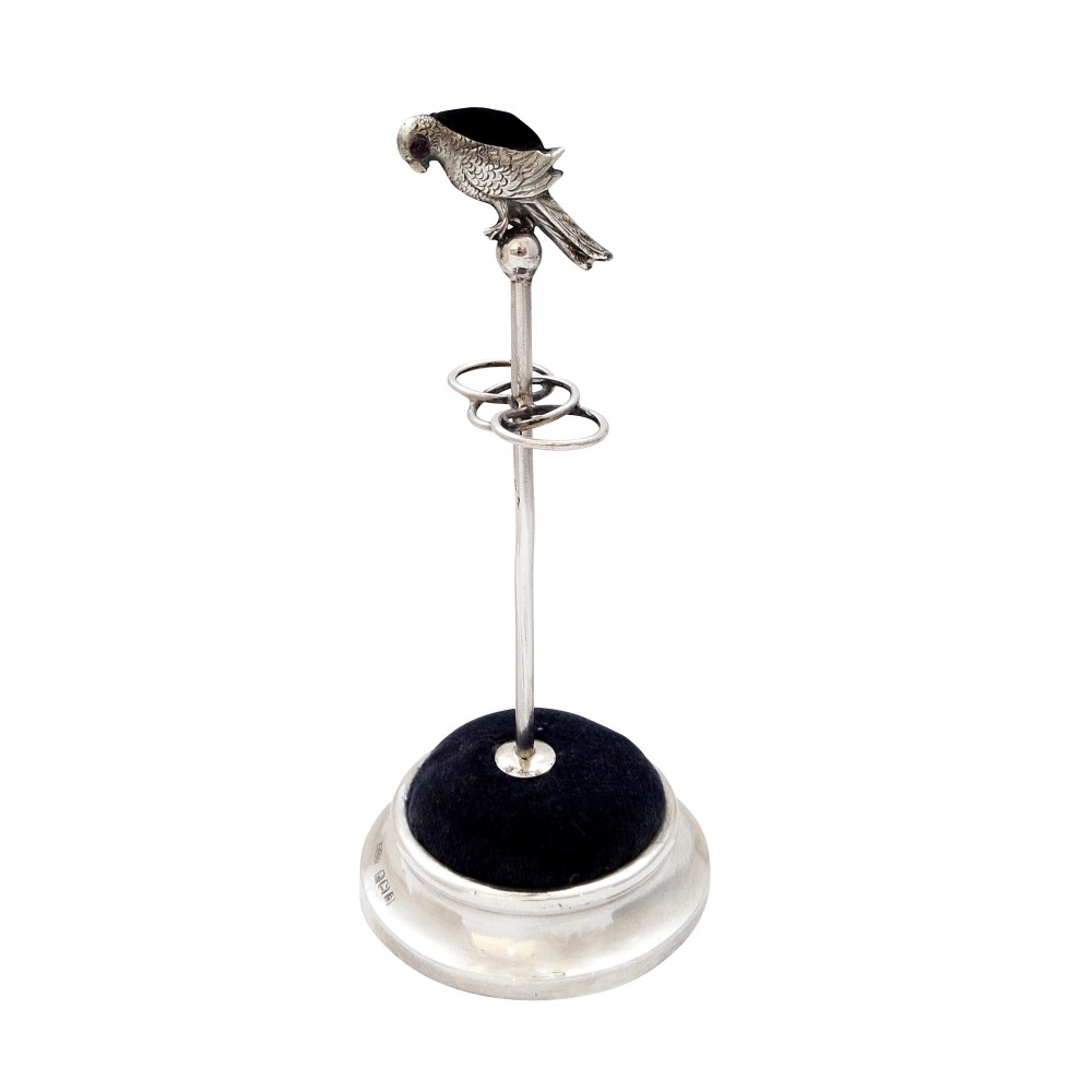 Antique Edwardian Sterling Silver 'Parrot' Hat Pin Cushion / Stand 1907