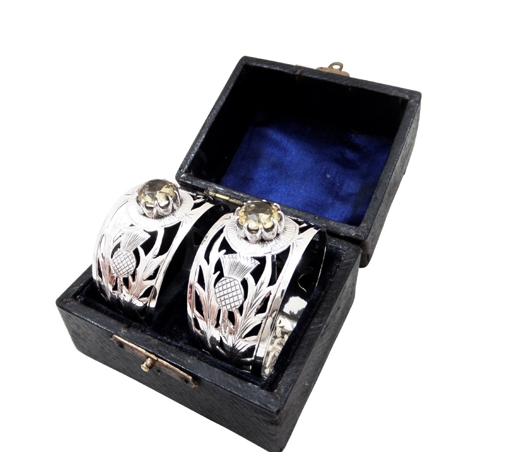 Pair of Antique Edwardian Sterling Silver 'Thistle' Napkin Rings in Case 1907 View III