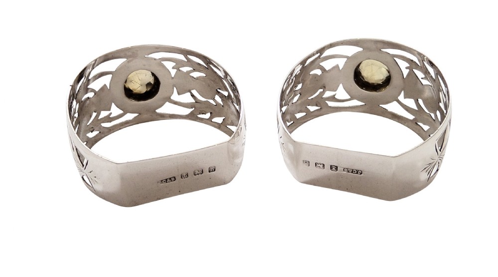 Pair of Antique Edwardian Sterling Silver 'Thistle' Napkin Rings in Case 1907 View IV