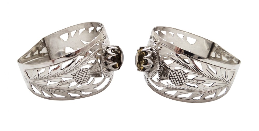 Pair of Antique Edwardian Sterling Silver 'Thistle' Napkin Rings in Case 1907 View VIII