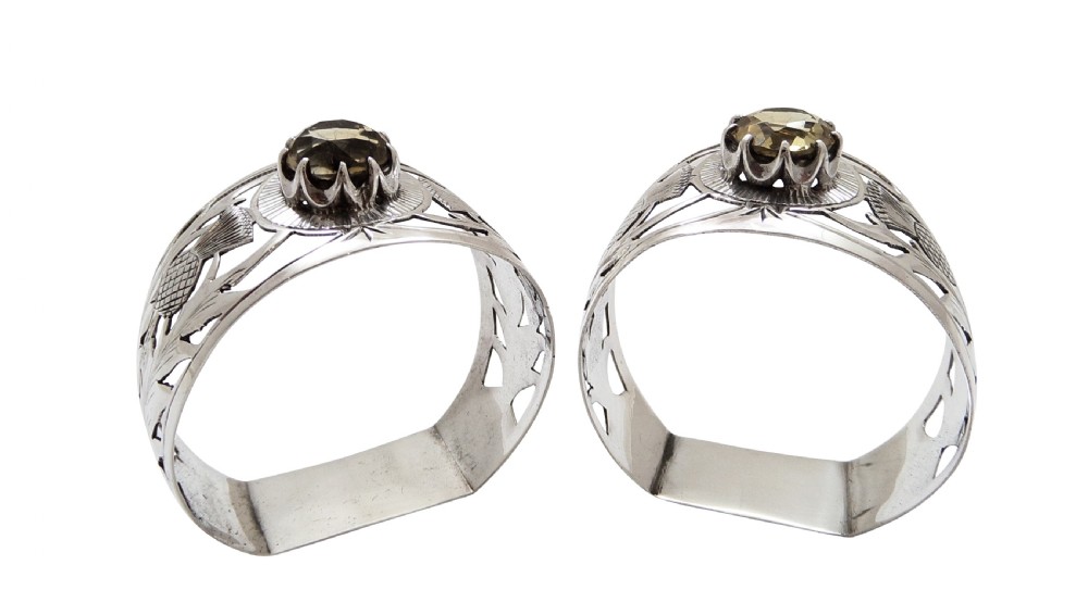 Pair of Antique Edwardian Sterling Silver 'Thistle' Napkin Rings in Case 1907 View XII