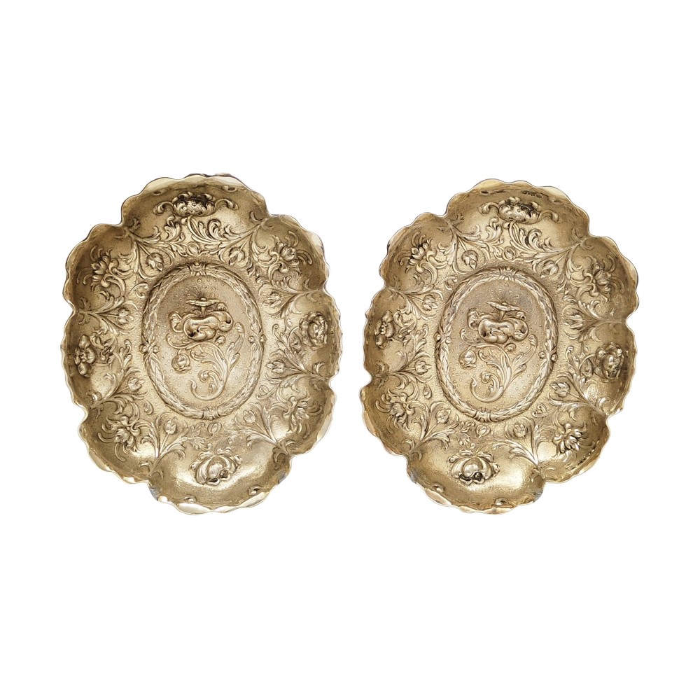 Pair of Antique Victorian Sterling Silver Gilt Dishes / Bowls 1893