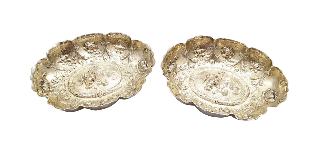 Pair of Antique Victorian Sterling Silver Gilt Dishes / Bowls 1893 View II