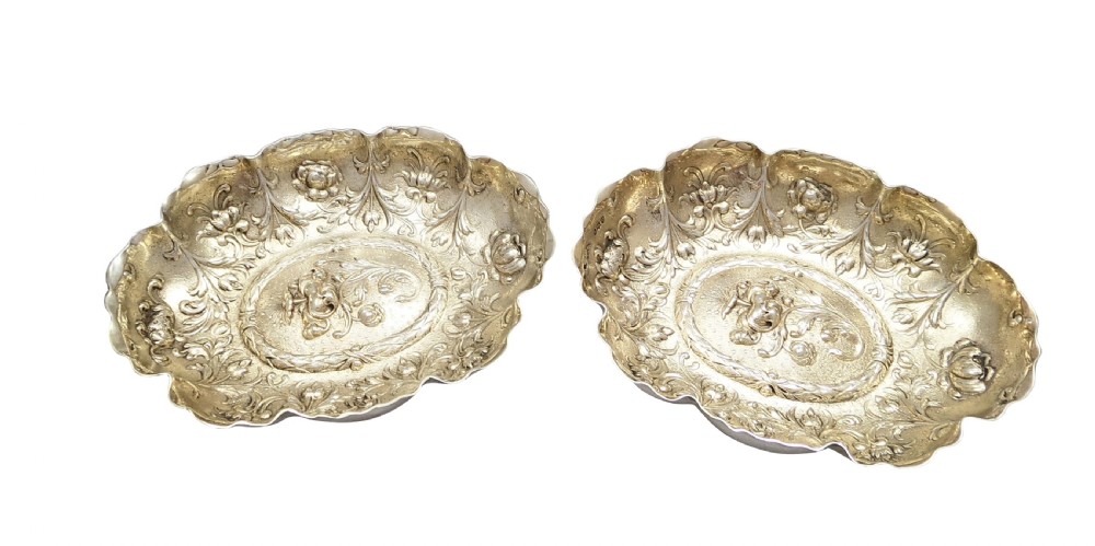 Pair of Antique Victorian Sterling Silver Gilt Dishes / Bowls 1893 View X