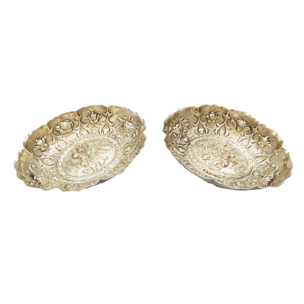 Pair of Antique Victorian Sterling Silver Gilt Dishes / Bowls 1894