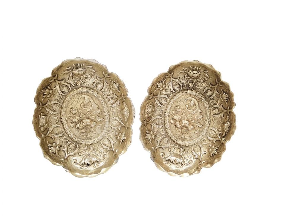 Pair of Antique Victorian Sterling Silver Gilt Dishes / Bowls 1894 View II