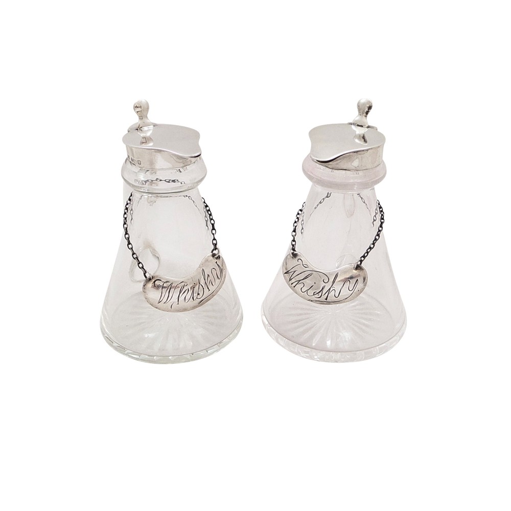 Pair of Antique Edwardian Sterling Silver & Glass Whisky Noggins / Jugs 1909