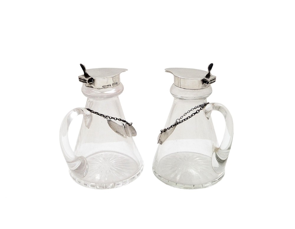 Pair of Antique Edwardian Sterling Silver & Glass Whisky Noggins / Jugs 1909 View IX