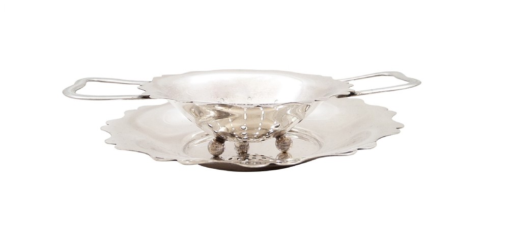 Antique Sterling Silver Tea Strainer & Drip Tray 1919 View V