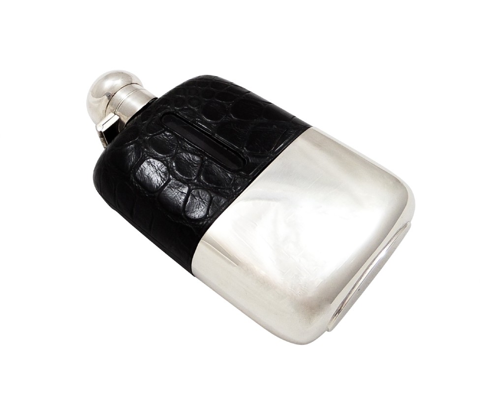 Antique Victorian Silver Plated & Crocodile Leather Hip Flask c1890 View IX