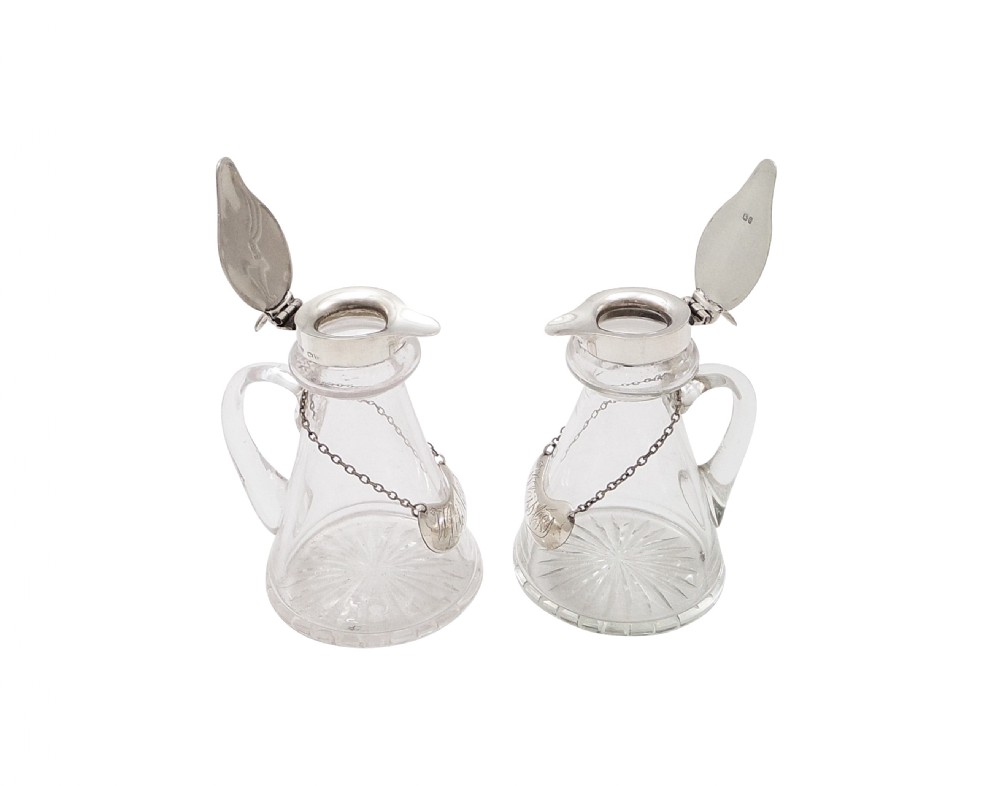 Pair of Antique Sterling Silver & Glass Whisky Noggins/Jugs 1934 View II