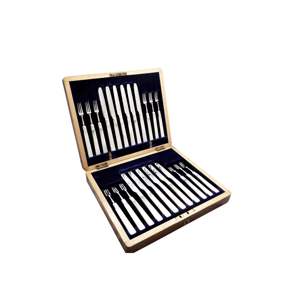 Antique Edwardian Sterling Silver & Mother of Pearl Cutlery Set 1901