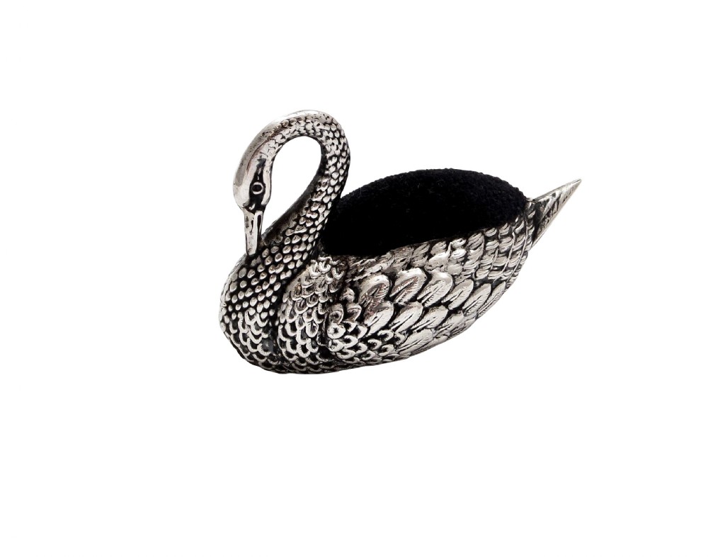 Antique Edwardian Sterling Silver Swan Pin Cushion 1908 View II