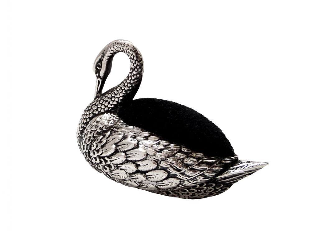 Antique Edwardian Sterling Silver Swan Pin Cushion 1908 View IV