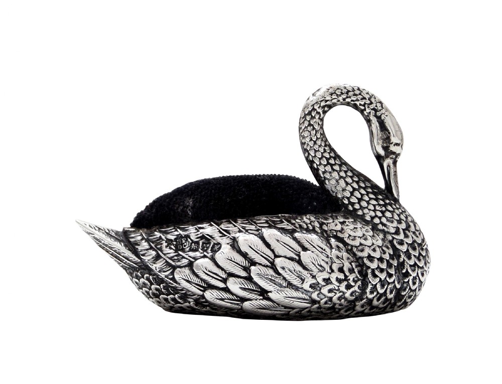 Antique Edwardian Sterling Silver Swan Pin Cushion 1908 View VIII