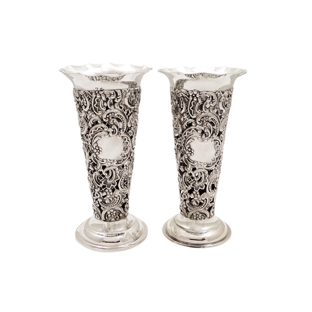 Pair of Antique Victorian Sterling Silver Spill Vases 1898