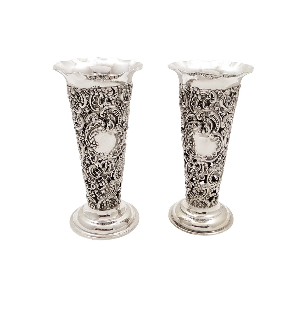 Pair of Antique Victorian Sterling Silver Spill Vases 1898 View IX