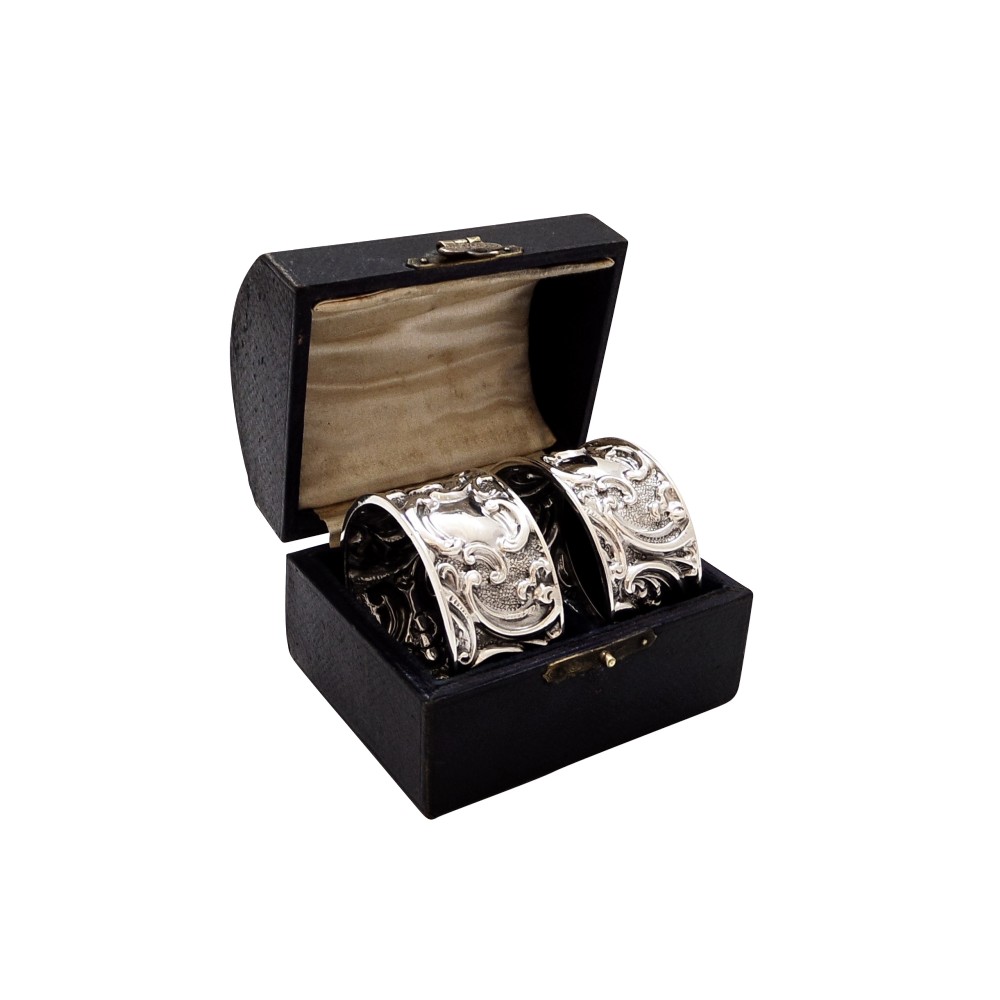 Pair of Antique Victorian Sterling Silver Napkin Rings in Case 1897