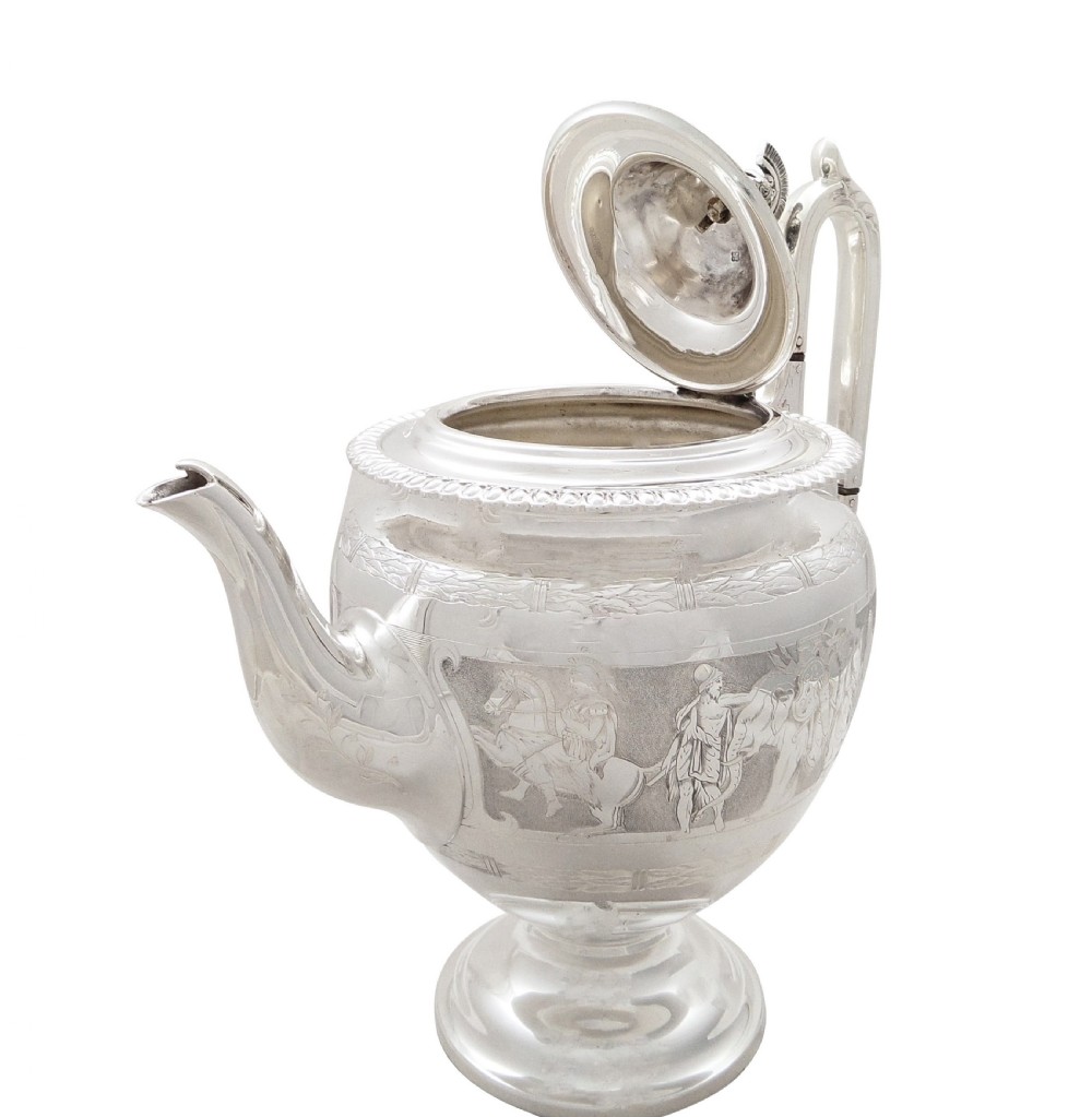 Antique Victorian Sterling Silver Teapot with Scenes 1871 View III
