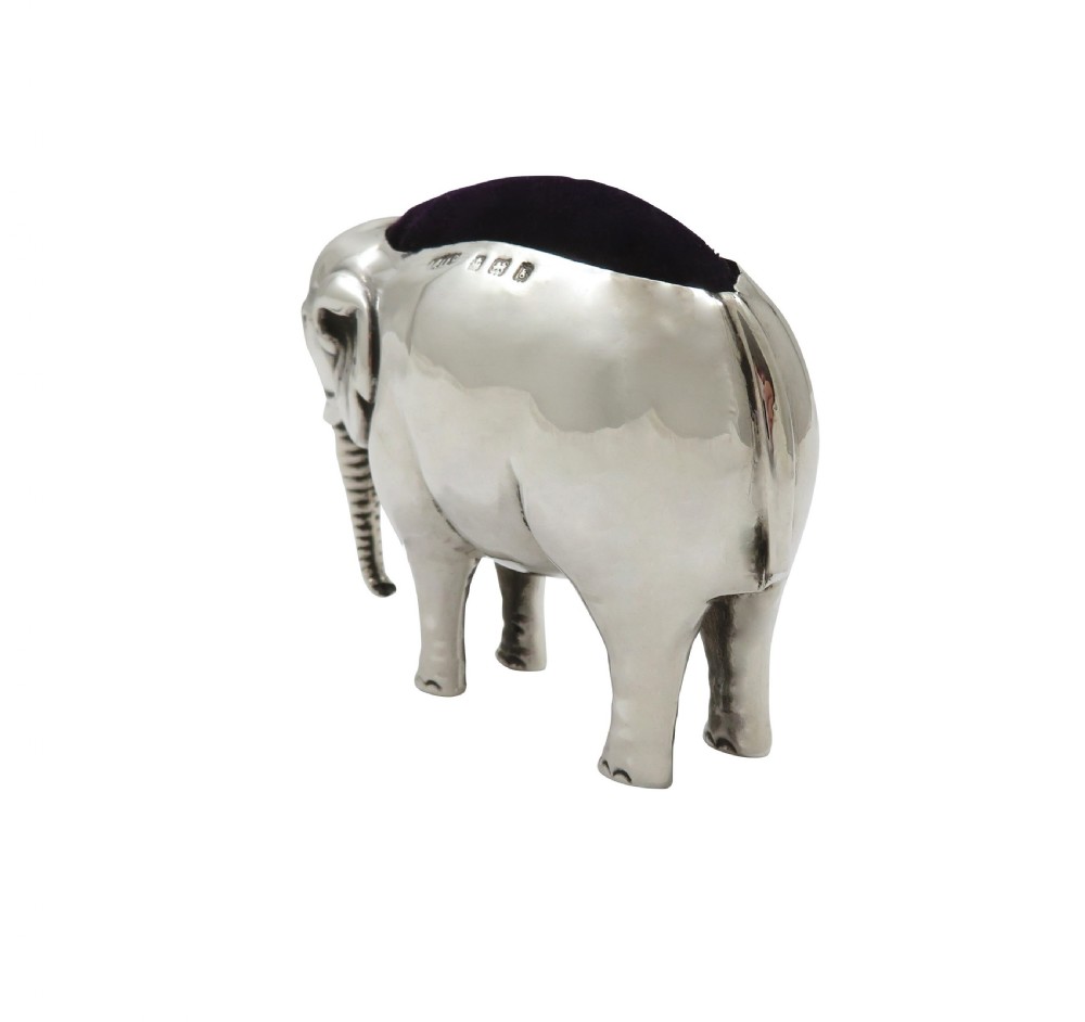 Large Antique Edwardian Sterling Silver Elephant Pin Cushion 1906 View V