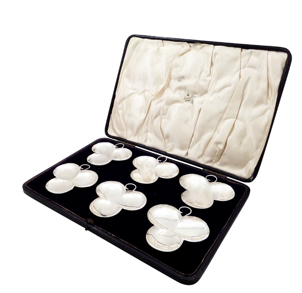 Set of 6 Antique Sterling Silver 'Clover' Dishes in Case 1912 View X