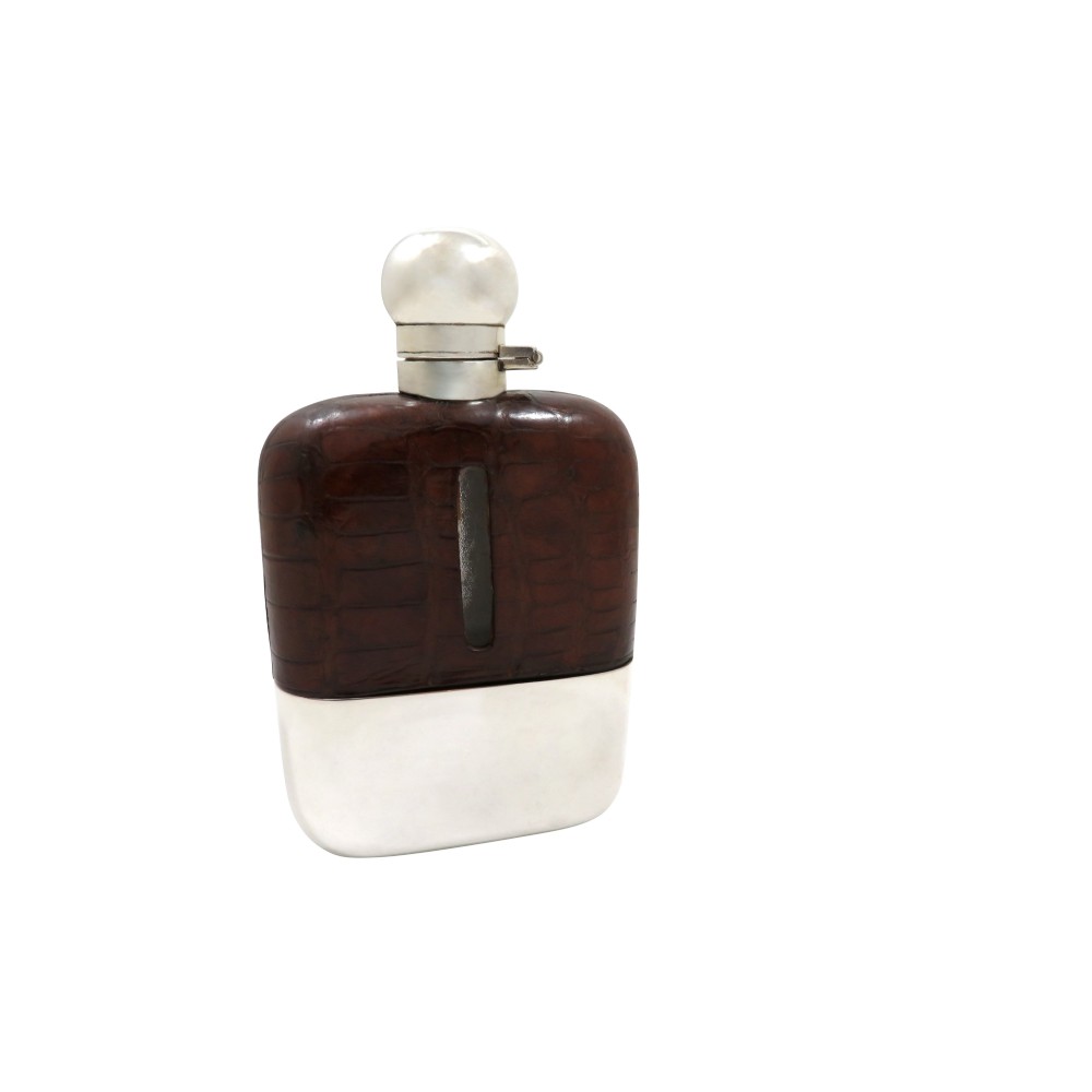 Antique Victorian Silver Plated & Crocodile Leather Hip Flask c1890