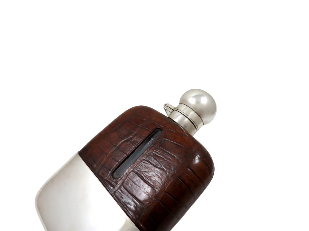 Antique Victorian Silver Plated & Crocodile Leather Hip Flask c1890 View III