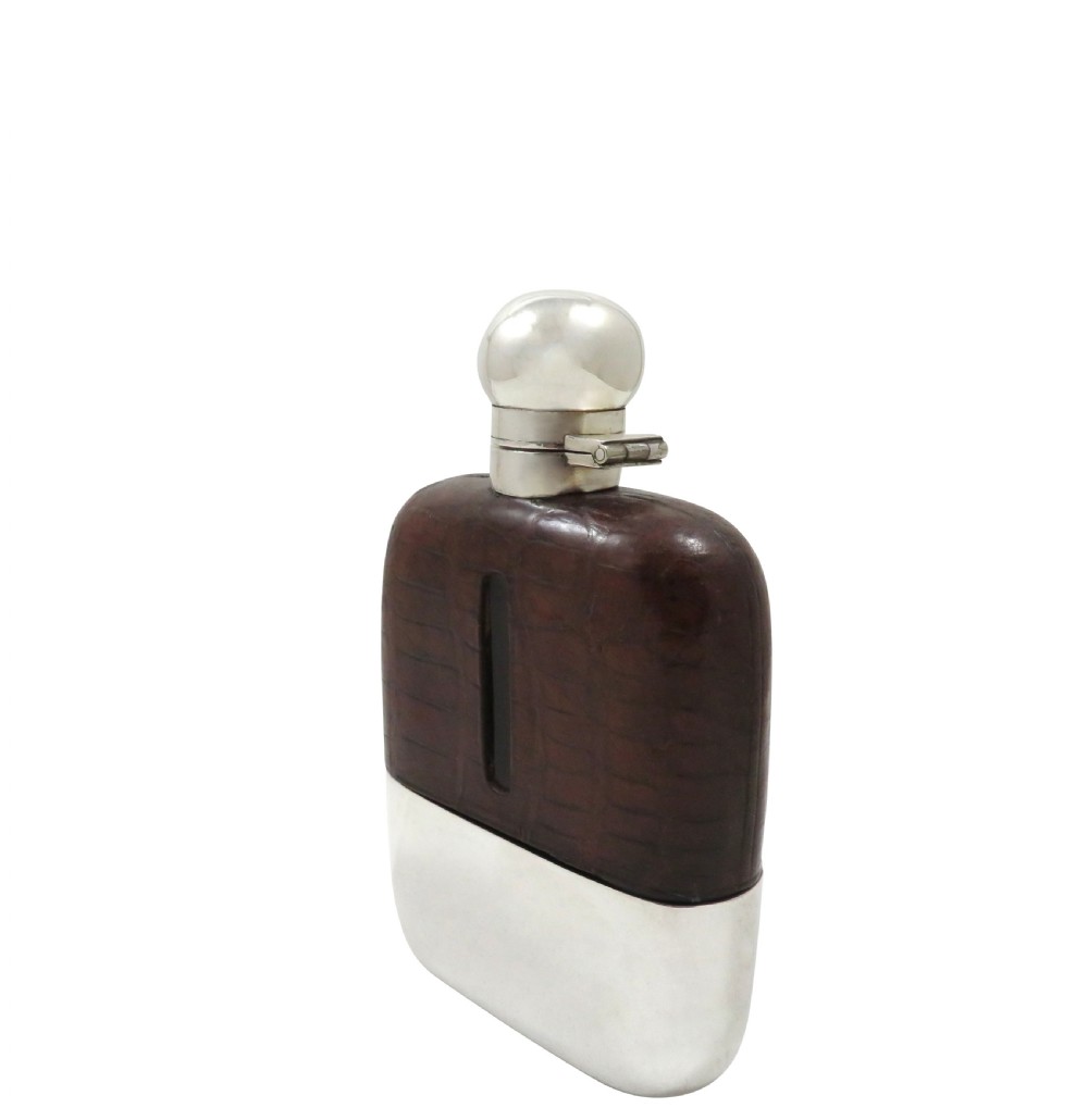 Antique Victorian Silver Plated & Crocodile Leather Hip Flask c1890 View X