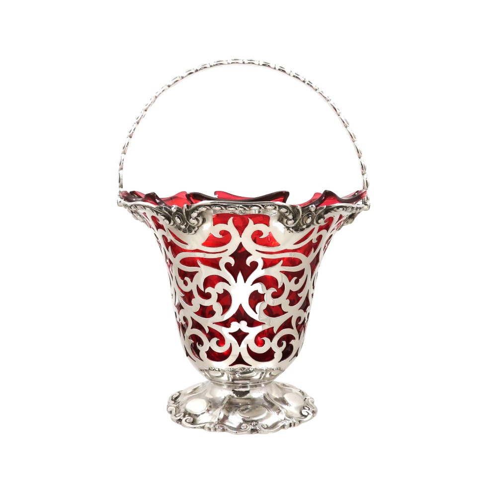 Antique Victorian Sterling Silver & Cranberry Glass Basket 1855