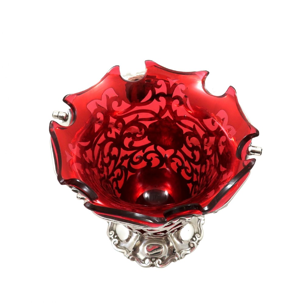 Antique Victorian Sterling Silver & Cranberry Glass Basket 1855 View VIII