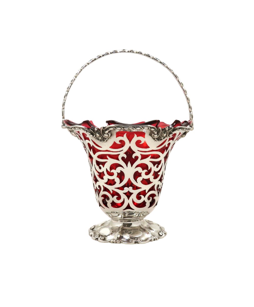 Antique Victorian Sterling Silver & Cranberry Glass Basket 1855 View XI