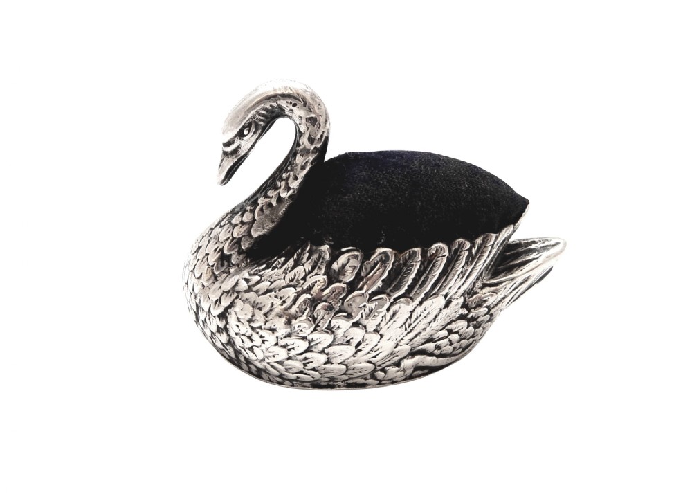 Antique Edwardian Sterling Silver Swan Pin Cushion 1906 View VIII