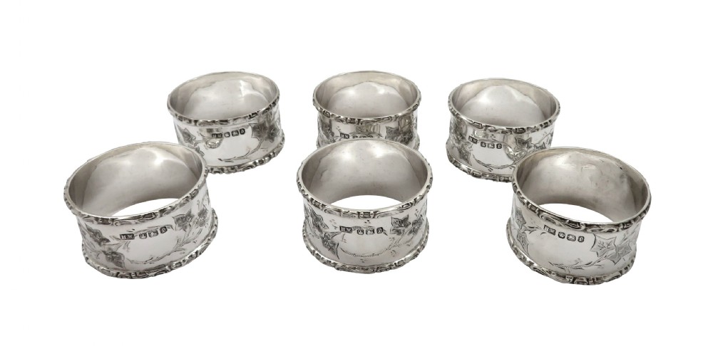 Set of 6 Antique Victorian Sterling Silver Napkin Rings in Case 1896/7 View II