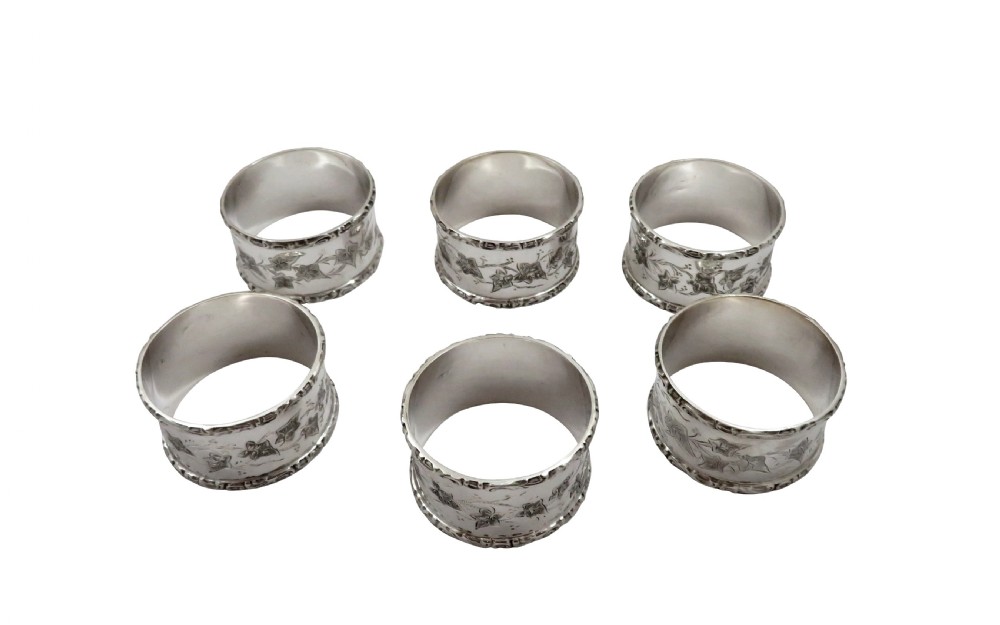 Set of 6 Antique Victorian Sterling Silver Napkin Rings in Case 1896/7 View VI