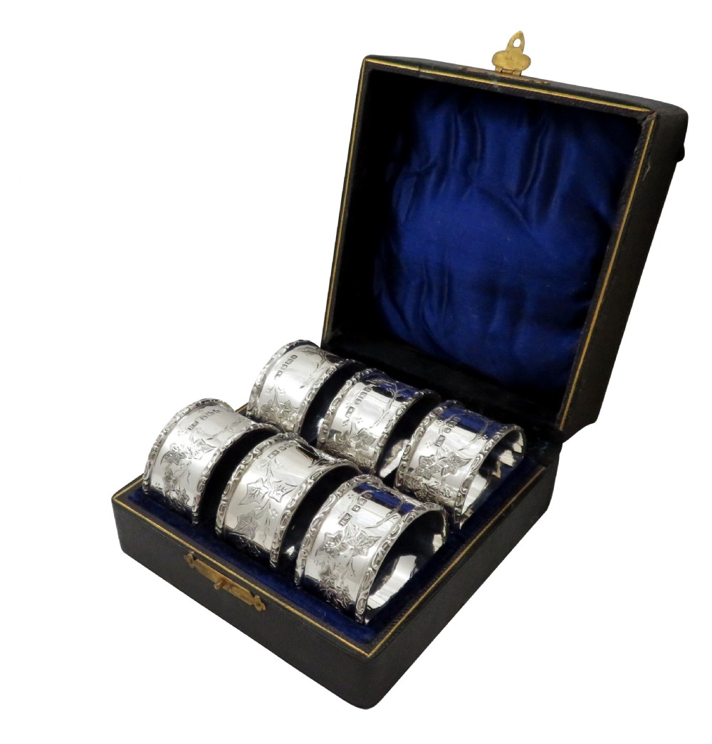 Set of 6 Antique Victorian Sterling Silver Napkin Rings in Case 1896/7 View IX