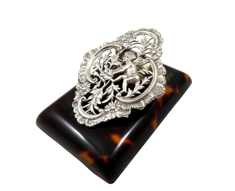 Antique Edwardian Sterling Silver & Tortoiseshell Desk Top Letter Clip 1901 View IX