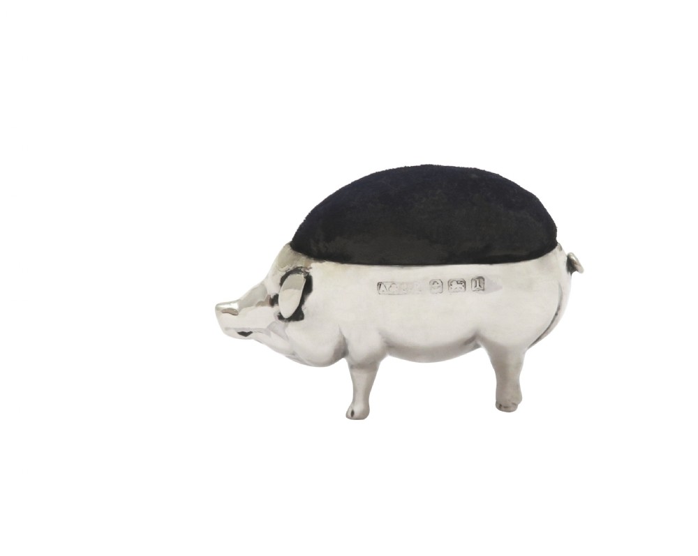 Antique Edwardian Sterling Silver Pig Pin Cushion 1910 View VII