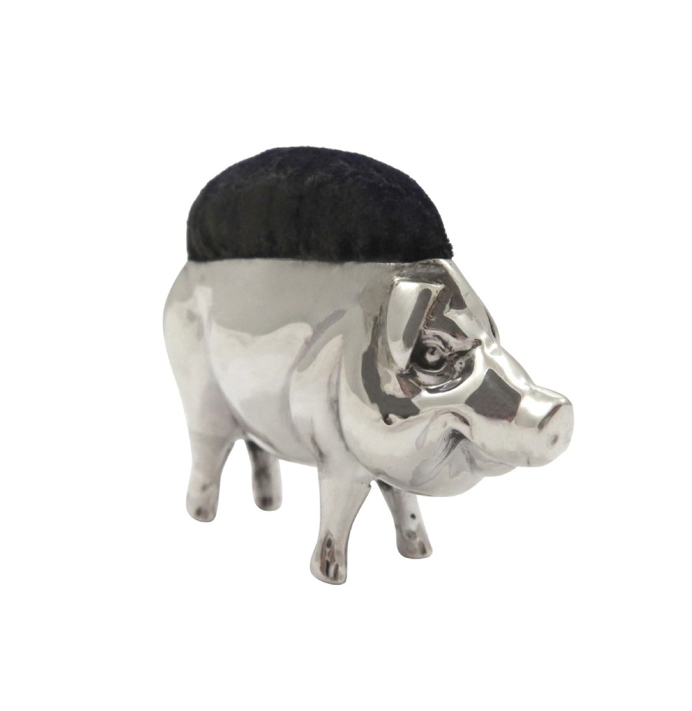 Antique Edwardian Sterling Silver Pig Pin Cushion 1910 View X