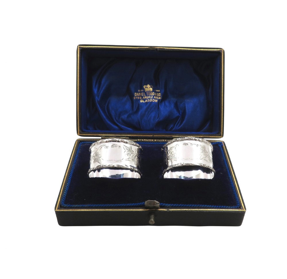 Pair of Antique Victorian Sterling Silver Napkin Rings in Case 1899 View V