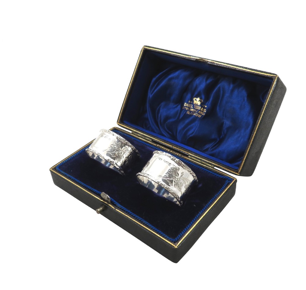 Pair of Antique Victorian Sterling Silver Napkin Rings in Case 1899 View X