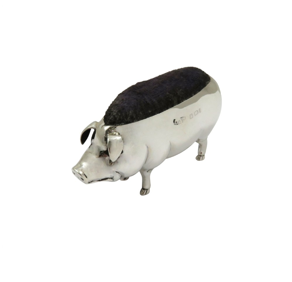Antique Edwardian Sterling Silver Pig Pin Cushion 1905 View II
