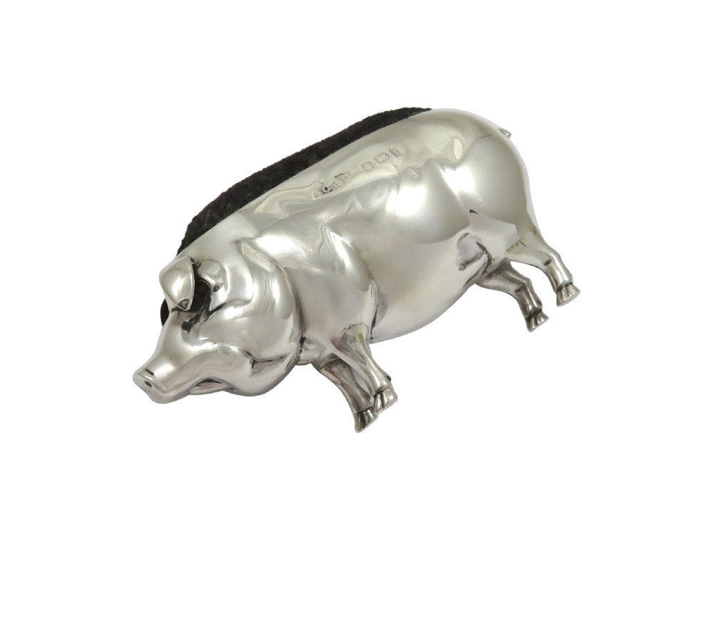 Antique Edwardian Sterling Silver Pig Pin Cushion 1905 View III