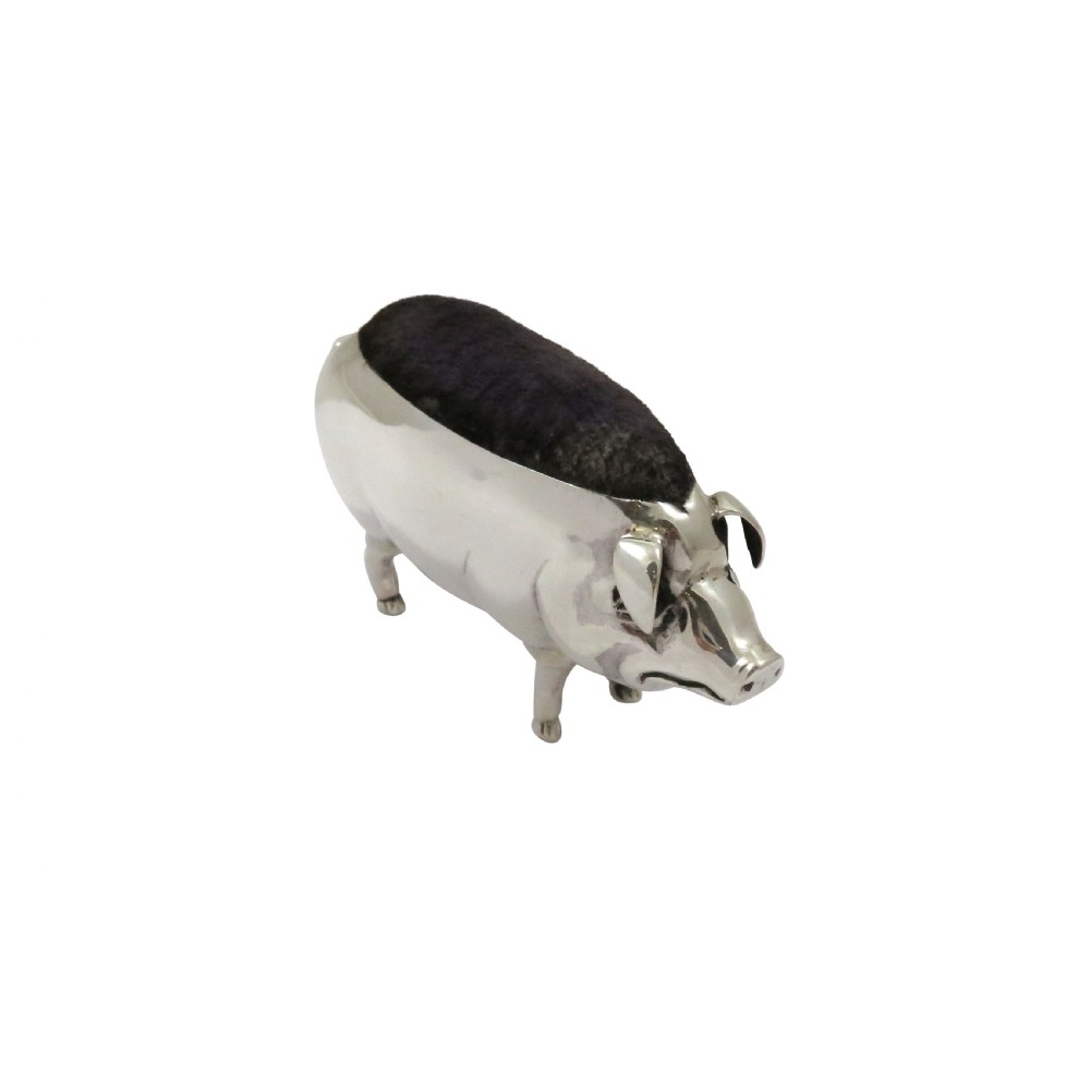 Antique Edwardian Sterling Silver Pig Pin Cushion 1905 View V