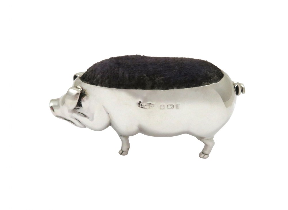 Antique Edwardian Sterling Silver Pig Pin Cushion 1905 View IX